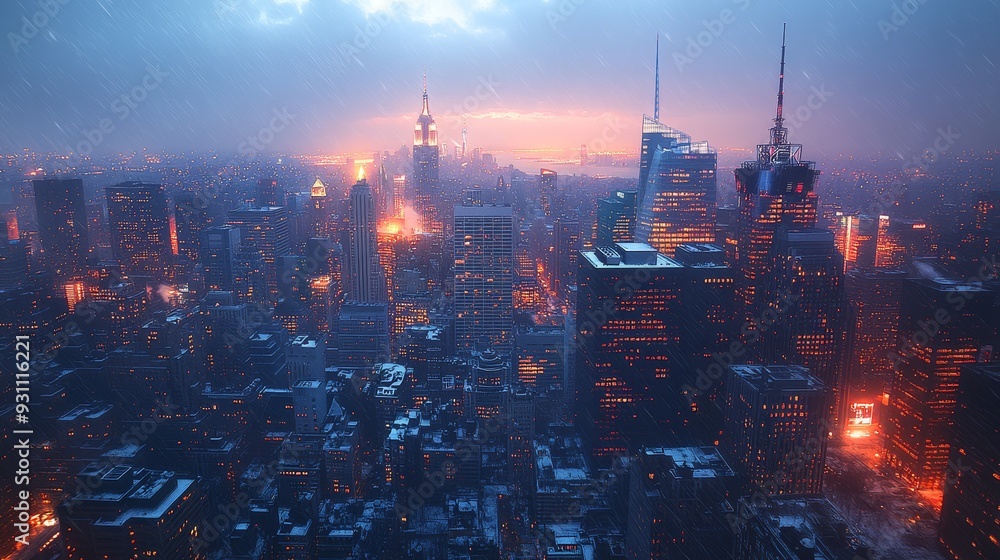 Naklejka premium Illustrate a bustling cityscape at twilight its sk 738 city, night, skyline, sunset, sky, urban, architecture, cityscape, view, building, buildings, dusk, landscape, tower, evening, manhattan, downto