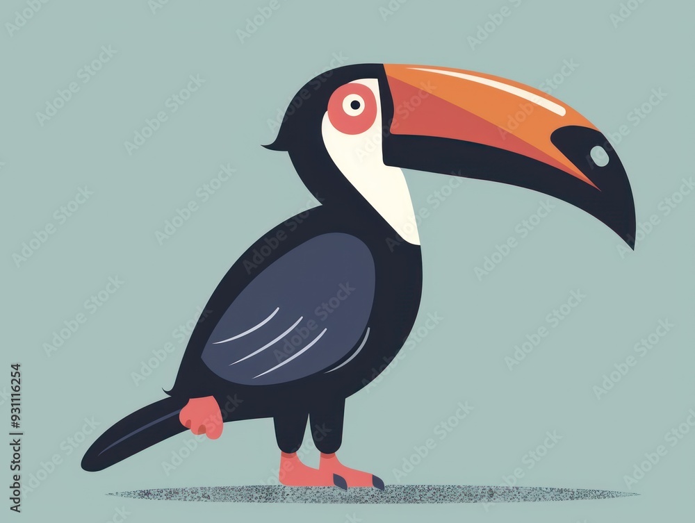 Naklejka premium Cartoon toucan with a large orange beak standing on a blue background.