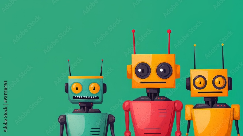 Colorful and playful robots against a vibrant green background, representing creativity in technology and design. Colorful and playful robots against a vibrant green background, representing creativity in technology and design.