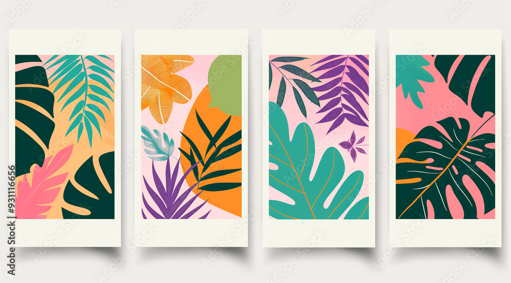Obraz premium four sets of flat vector designs with colorful plants and leaves
