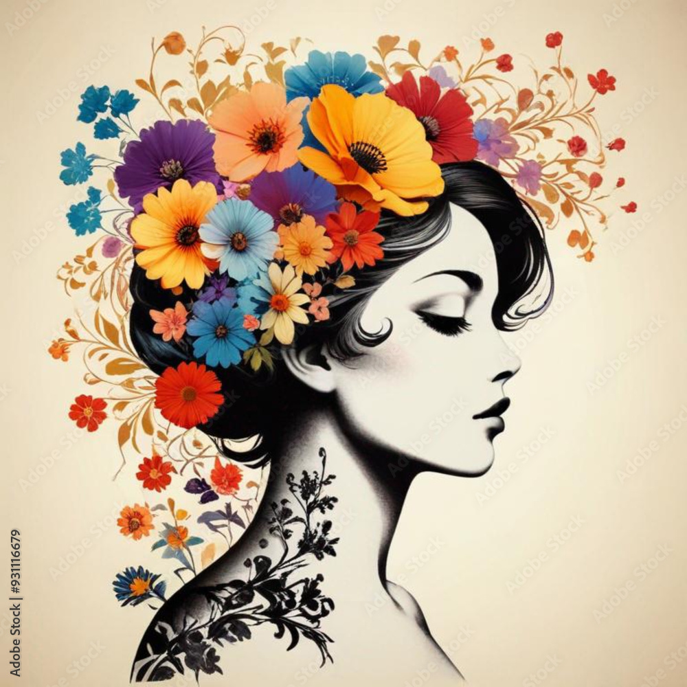 illustration of girl with flower on her head and birds vector isolated illustration of girl with flower on her head and birds vector isolated