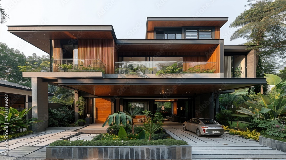 Fototapeta premium An Indian modern house with a car park, a concrete and timber clad facade in front of the villa yard with a big terrace on the first floor, a minimal architecture design, tropical garden environment.