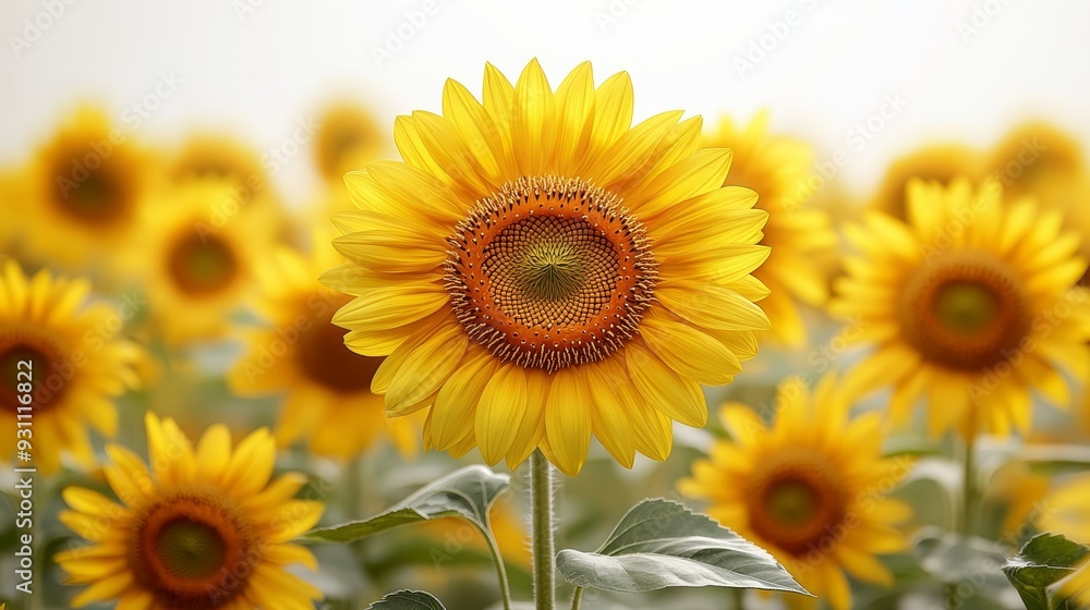 Fototapeta premium Illustrate a vibrant blooming sunflower standing t 208 sunflower, flower, nature, summer, field, yellow, sunflowers, agriculture, plant, sky, sun, blossom, beauty, bright, flora, garden, blue, bloomi