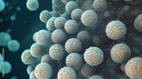 Staphylococcus aureus, Cluster of spherical bacteria magnified under a microscope photo