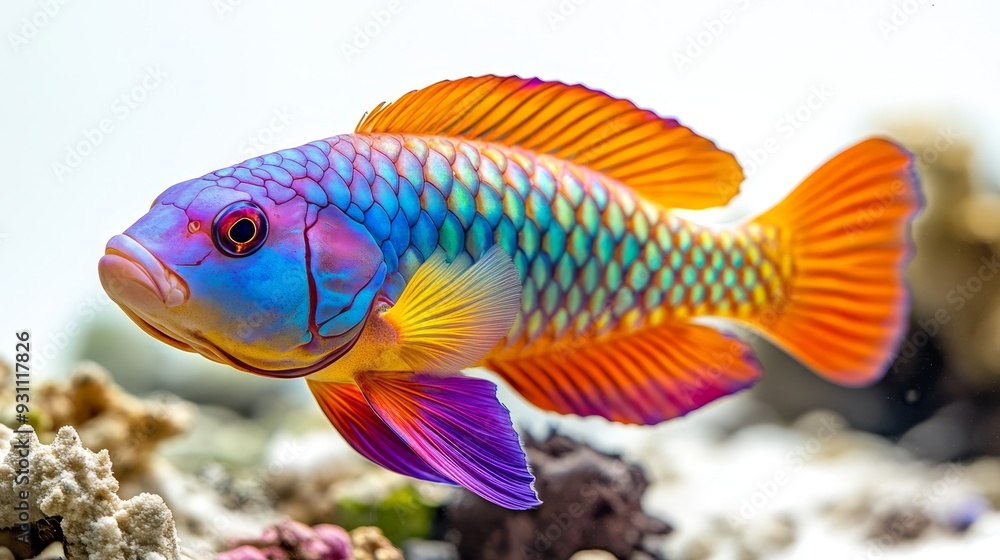 Side view of a colorful parrotfish isolated on a w  257 fish, aquarium, water, sea, animal, goldfish, isolated, gold, ocean, vector, underwater, nature, tropical, illustration, cartoon, pet, fishing, 