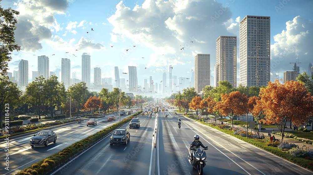 Obraz premium Artistic rendering of a cityscape with dedicated motorcycle lanes, designed to improve mobility and safety on crowded roads Motorcycle Roads Mobility, Dedicated lanes