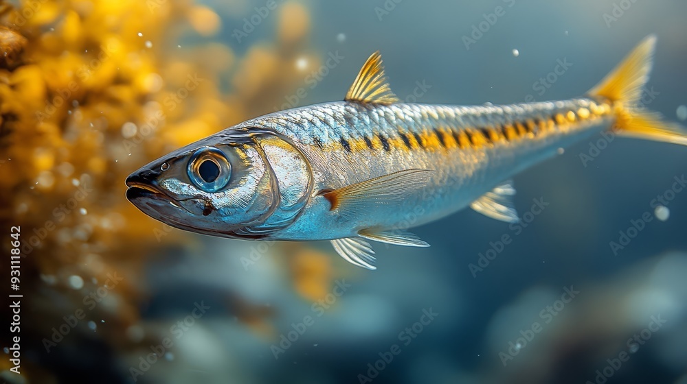 Fototapeta premium Side view of a silver sardine isolated on a white 214 fish, isolated, sea, animal, food, fishing, white, water, fresh, carp, aquarium, nature, underwater, seafood, freshwater, raw, fin, lake, ocean,
