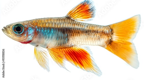 Side view of a small guppy with colorful fins isol 173 fish, goldfish, isolated, animal, aquarium, gold, carp, white, water, pet, fin, nature, tail, food, orange, crucian, underwater, fishing, white 