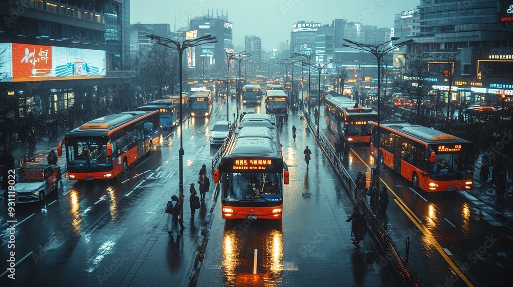 Buses departing from a busy station, each beginning a trip that contributes to the overall distribution network of the city Bus Distribution Trip, Station departure Buses departing from a busy station, each beginning a trip that contributes to the overall distribution network of the city Bus Distribution Trip, Station departure