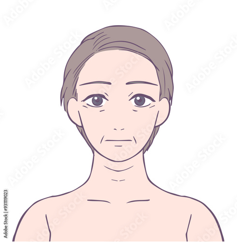 無表情のミドル女性の上半身、ビューティーイラスト