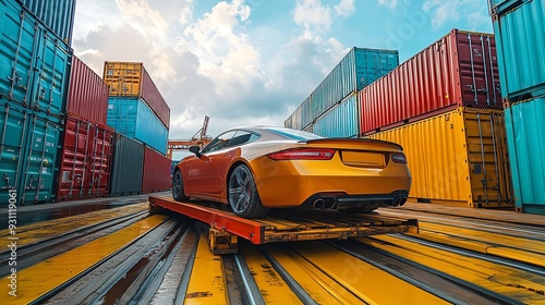 Car being unloaded from a shipping container, marking the end of its international journey and arrival at its new home Car Shipping Journey, Arrival and unloading photo