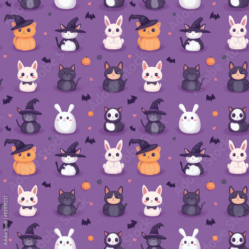 Seamless Halloween Pattern with Cute Animals in Witch Hats on Purple Background