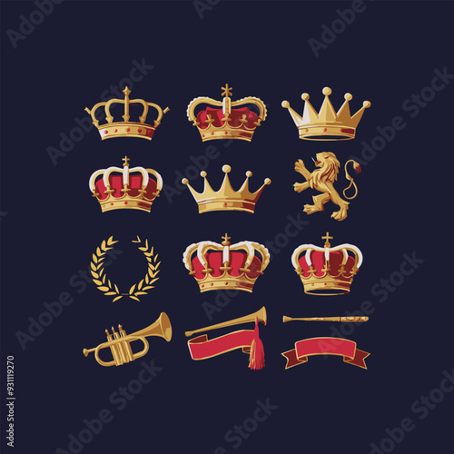 Gold crown of the king. laurel wreath, trumpet, lion, ribbon, vector illustration icon 