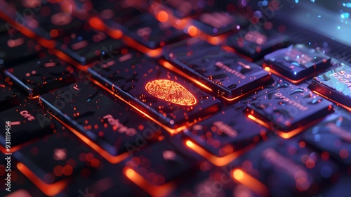 Close up photo of a computer keyboard with orange backlight and a fingerprint sensor with water splashes on it photo