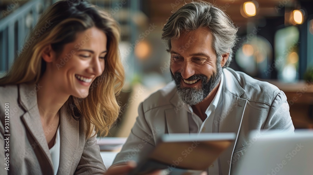 Fototapeta premium A real estate professional sharing property insights on a digital tablet with smiling clients in a comfortable office setting, portraying collaboration and successful transactions. Generative AI.