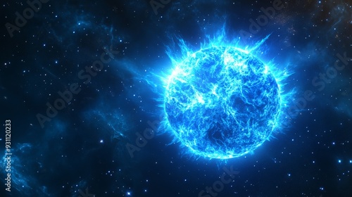 Stunning image of a blue giant star emitting bright blue light with intricate light patterns captured in high resolution. The star's intense light stands out against the distant space environment