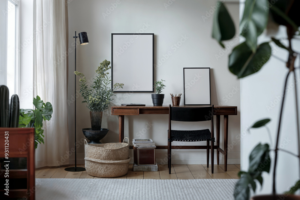 Two blank vertical din A poster frames in light grey room interior design. Frame mockups on a white wall, scandinavian style home office room, wooden working table, black floor lamp, potted plants Two blank vertical din A poster frames in light grey room interior design. Frame mockups on a white wall, scandinavian style home office room, wooden working table, black floor lamp, potted plants