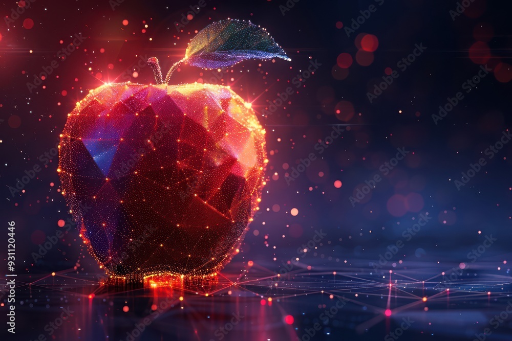 Futuristic digital apple with neon glow on dark fuzzy background Futuristic digital apple with neon glow on dark fuzzy background