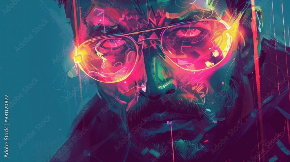 Close-up portrait of a man with a beard, wearing sunglasses with neon glow. Close-up portrait of a man with a beard, wearing sunglasses with neon glow.