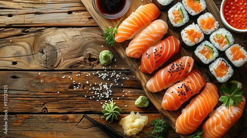 Delicious Salmon Sushi Set on Wooden Table