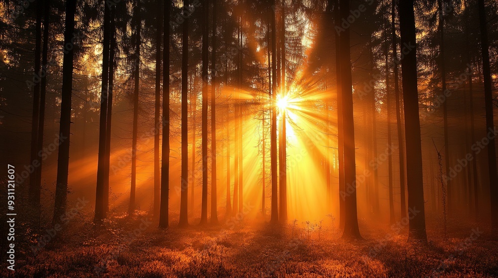 Golden Sunlight Through Forest Trees Golden Sunlight Through Forest Trees