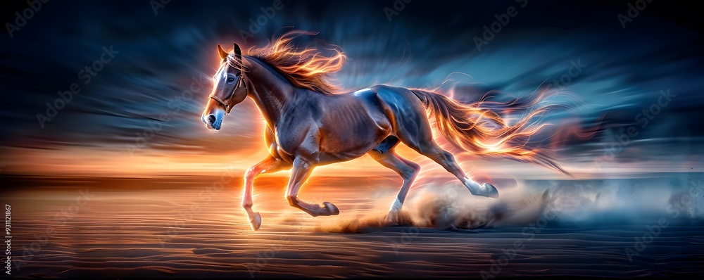 Enchanted horse with a mane of fire galloping through the night Stock ...