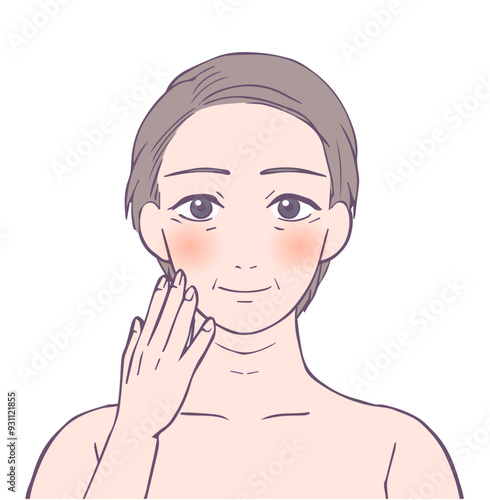 血色がいいミドル女性の上半身、ビューティーイラスト