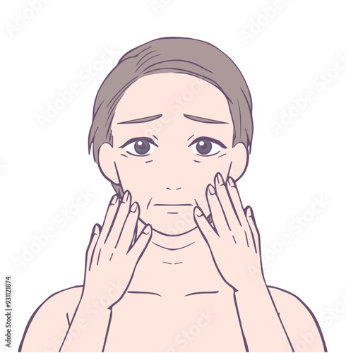 困った顔のミドル女性の上半身、ビューティーイラスト