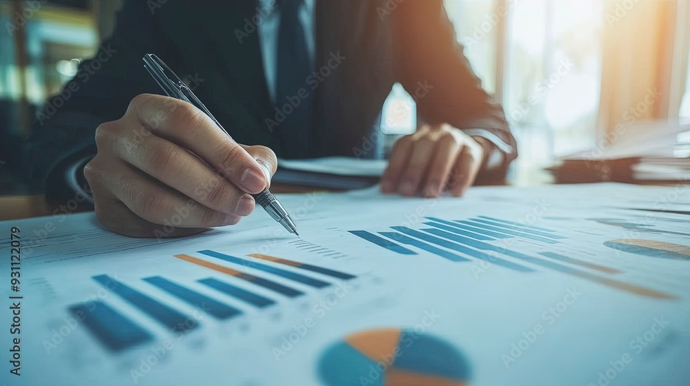 Businessman, finance analyst analyzing financial report, economic growth graph chart. Business strategy. planning and solution, finance and investment background. Generative ai Businessman, finance analyst analyzing financial report, economic growth graph chart. Business strategy. planning and solution, finance and investment background. Generative ai