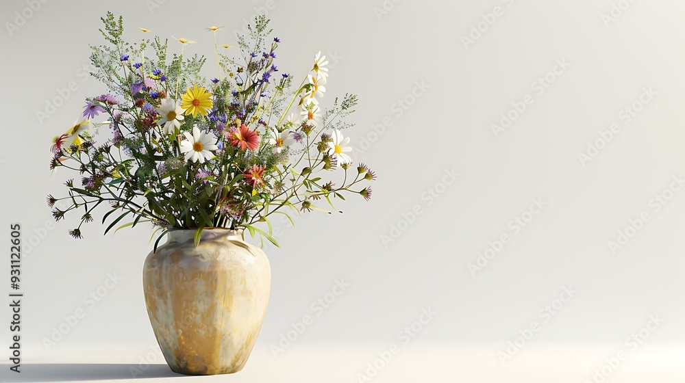 A charming vase with a mix of wildflowers and greenery on a pristine white background. 8k A charming vase with a mix of wildflowers and greenery on a pristine white background. 8k