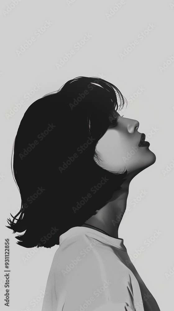 Fototapeta premium Side profile of a woman with short hair looking up.