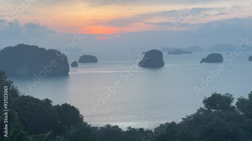 Landscape.Sunset by the sea with various islands as a backdrop.