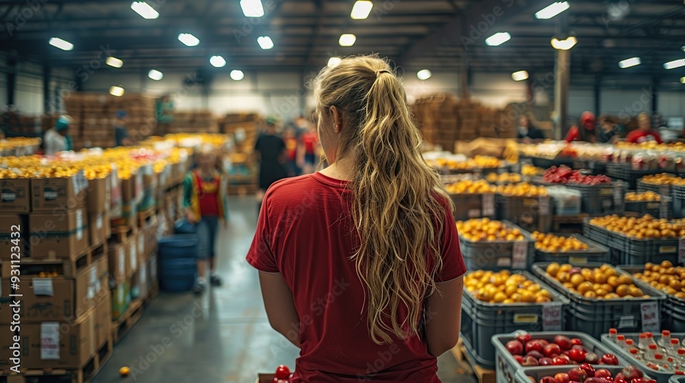Woman in Red Shirt in a Warehouse full of Fruit Woman in Red Shirt in a Warehouse full of Fruit