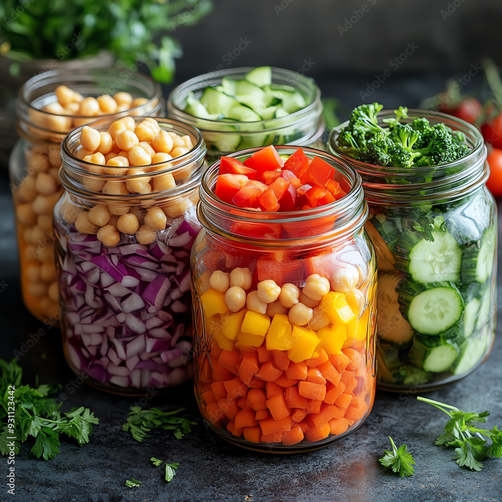 Vibrant salad jars layered with fresh vegetables, chickpeas, and a light vinaigrette, ready to go, Healthy salad jars, convenient and nutritious Vibrant salad jars layered with fresh vegetables, chickpeas, and a light vinaigrette, ready to go, Healthy salad jars, convenient and nutritious