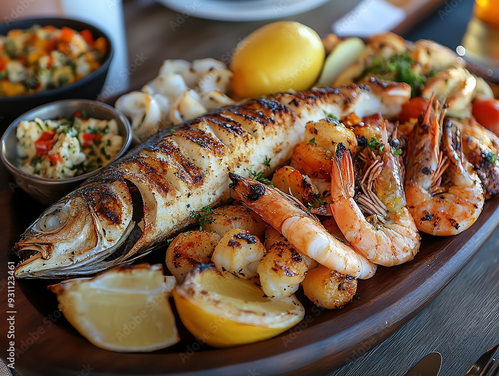 A beautifully arranged seafood platter featuring whole grilled fish, prawns, and calamari, served with Mediterranean sides, A beautifully arranged seafood platter featuring whole grilled fish, prawns, and calamari, served with Mediterranean sides,
