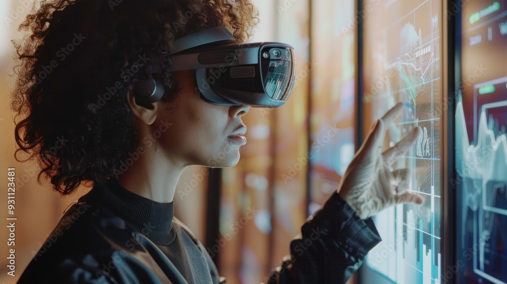 Woman in VR headset interacting with digital data Woman in VR headset interacting with digital data