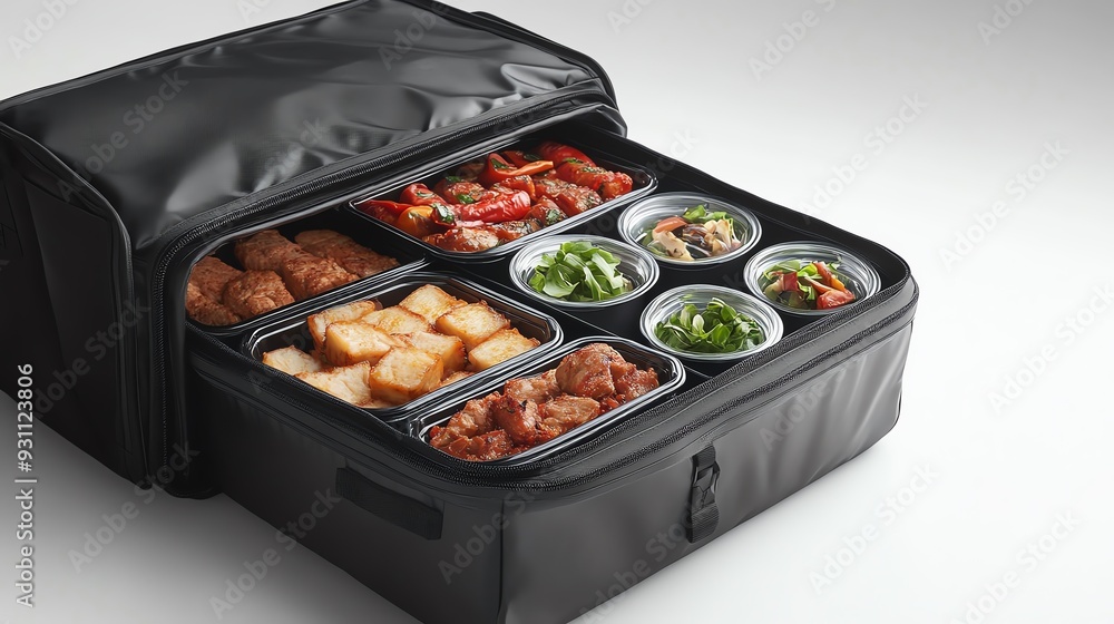 A branded insulated delivery bag opened to reveal a variety of meal containers, keeping food fresh and warm, Insulated delivery bag, functional and reliable A branded insulated delivery bag opened to reveal a variety of meal containers, keeping food fresh and warm, Insulated delivery bag, functional and reliable