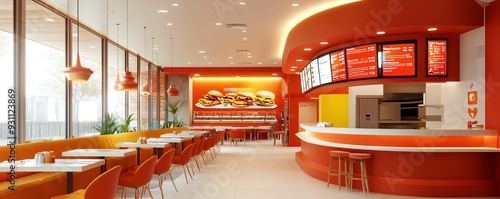 A bright and modern fast food restaurant interior with bold colors, digital menus, and seating for families, Fast food interior, contemporary design