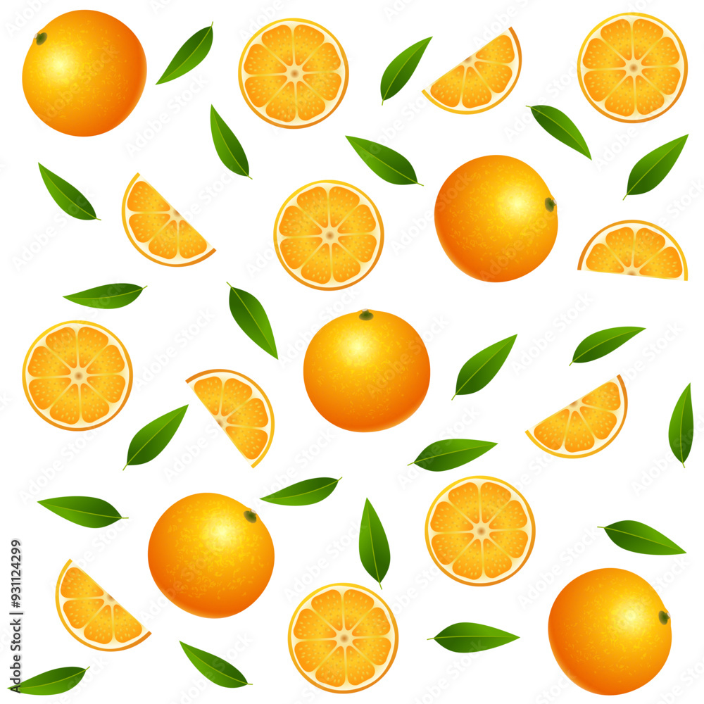 Seamless pattern with Orange fruit with leaves and slices isolated on white background. Vector illustration. Seamless pattern with Orange fruit with leaves and slices isolated on white background. Vector illustration.