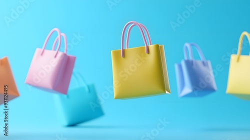 A colorful array of shopping bags floating against a blue background, representing online shopping, retail, and consumerism concepts.