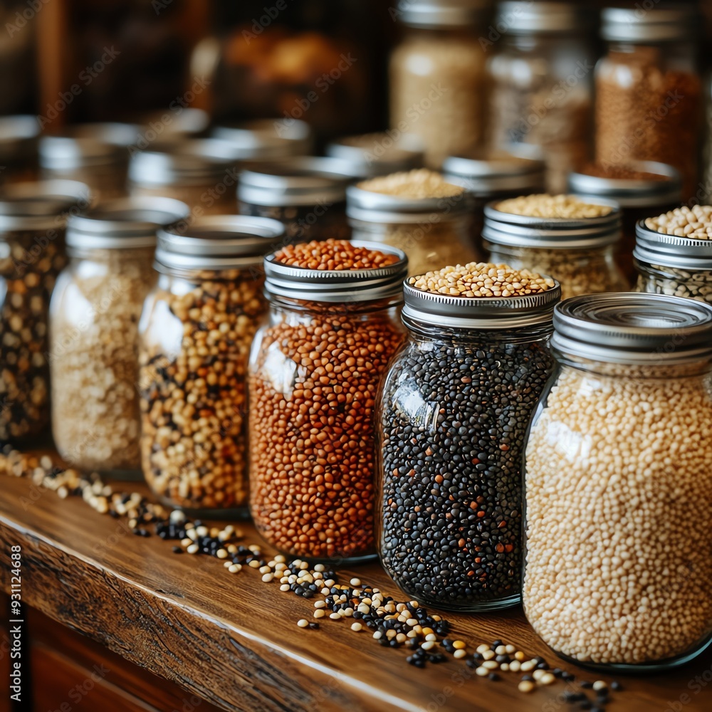 A closeup of organic grains and legumes, including quinoa, lentils, and beans, neatly displayed in glass jars, Organic grains, wholesome and nutritious A closeup of organic grains and legumes, including quinoa, lentils, and beans, neatly displayed in glass jars, Organic grains, wholesome and nutritious