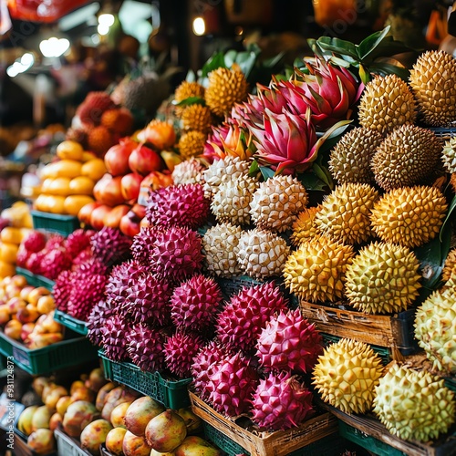 A colorful display of fresh Asian fruits like dragon fruit, lychee, and rambutan, arranged in a market setting, Asian fruits, exotic and tropical photo