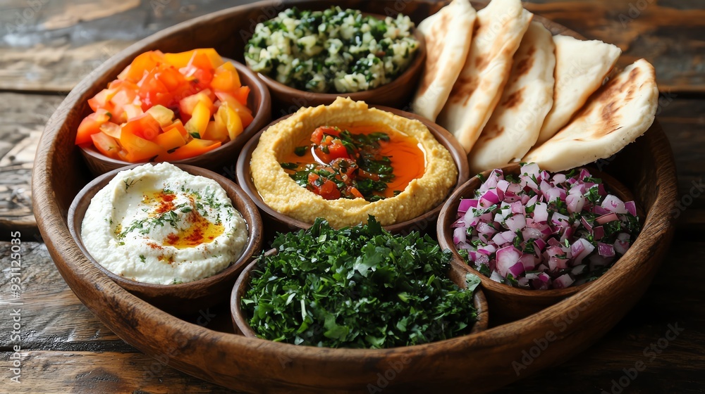 A colorful mezze platter featuring hummus, baba ghanoush, tabbouleh, and warm pita bread, Mediterranean mezze platter, shared and wholesome A colorful mezze platter featuring hummus, baba ghanoush, tabbouleh, and warm pita bread, Mediterranean mezze platter, shared and wholesome