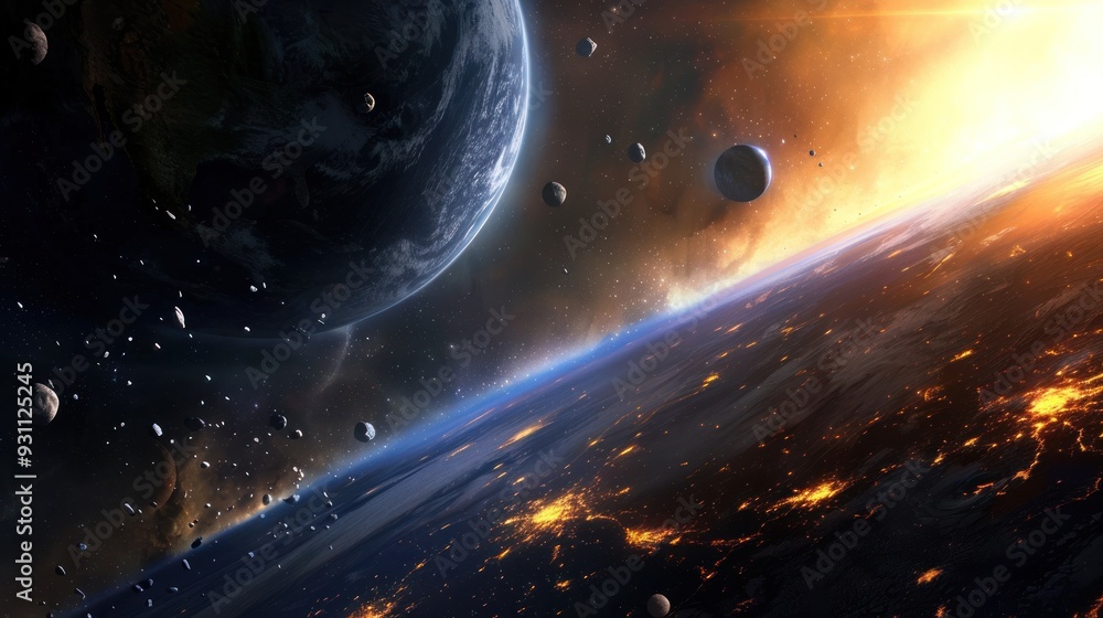 Obraz premium A fiery planet with a glowing sun and asteroids in space.