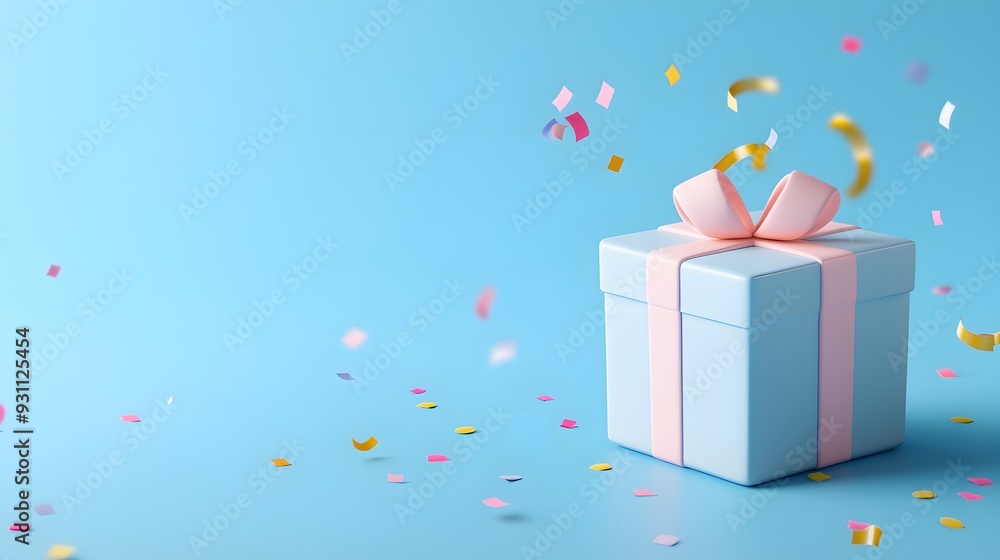 Blue gift box with pink ribbon and confetti on a light blue background, perfect for celebrations and special occasions. Blue gift box with pink ribbon and confetti on a light blue background, perfect for celebrations and special occasions.