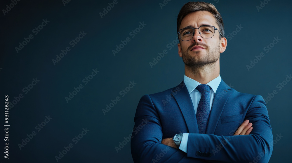 A confident young businessman in a suit with arms crossed, exuding leadership and professionalism, set against a dark background. A confident young businessman in a suit with arms crossed, exuding leadership and professionalism, set against a dark background.