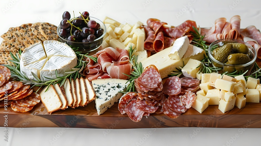 A detailed shot of a gourmet charcuterie board with various cheeses and meats, displayed on a white surface. A detailed shot of a gourmet charcuterie board with various cheeses and meats, displayed on a white surface.