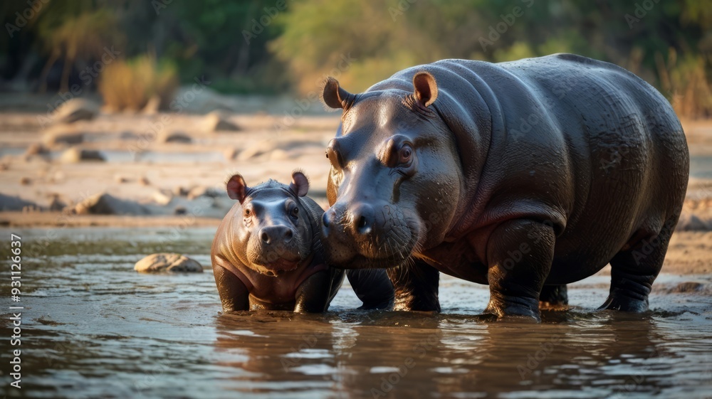 Obraz premium Hippopotamus and baby in a waterhole