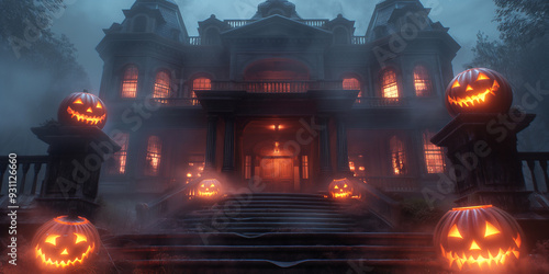 Spooky Mansion with Fog and Glowing Jack-O'-Lanterns Creating a Haunting Halloween Atmosphere
 photo