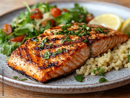 A fresh Mediterraneaninspired plate with grilled salmon, couscous, and a side salad, Healthy Mediterranean diet, hearthealthy eating photo